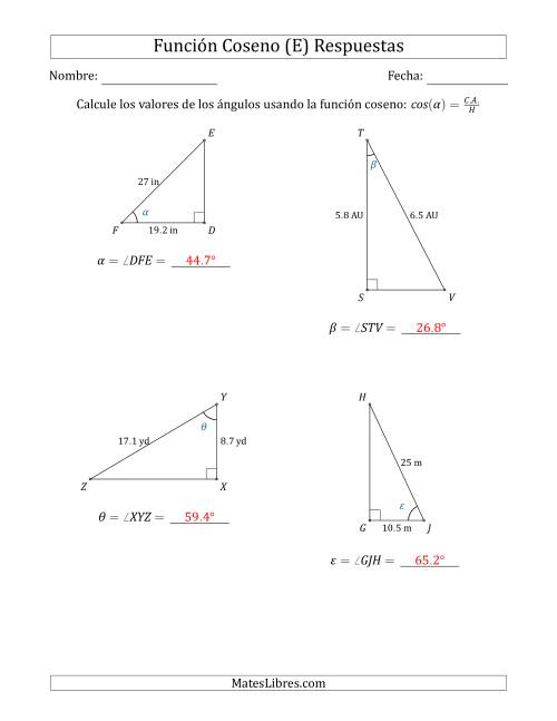 La hoja de ejercicios de Calcular Valores de Ángulos usando la Función Coseno (E) Página 2