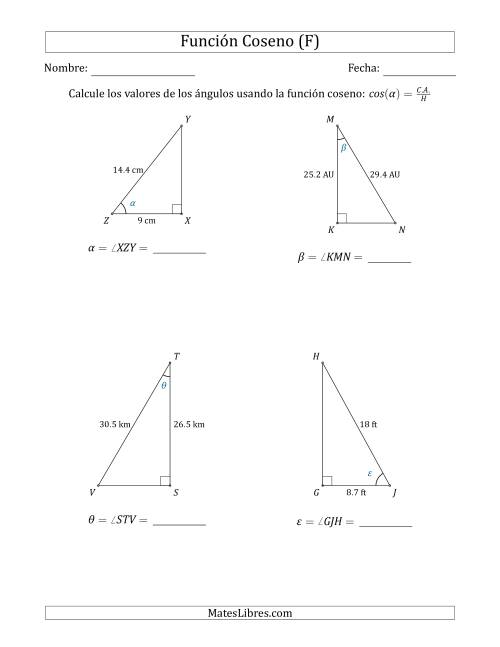La hoja de ejercicios de Calcular Valores de Ángulos usando la Función Coseno (F)