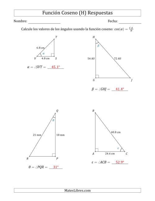 La hoja de ejercicios de Calcular Valores de Ángulos usando la Función Coseno (H) Página 2