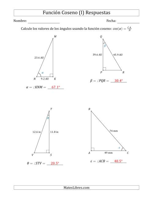 La hoja de ejercicios de Calcular Valores de Ángulos usando la Función Coseno (I) Página 2
