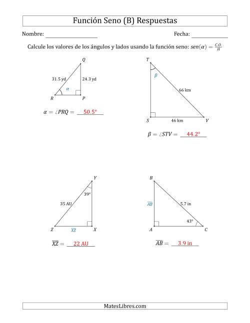 La hoja de ejercicios de Calcular Valores de Ángulos y Lados usando la Función Seno (B) Página 2