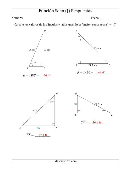 La hoja de ejercicios de Calcular Valores de Ángulos y Lados usando la Función Seno (J) Página 2