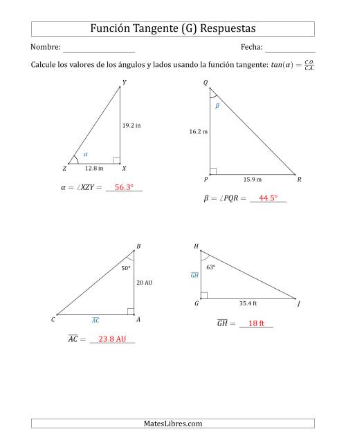 La hoja de ejercicios de Calcular Valores de Ángulos y Lados usando la Función Tangente (G) Página 2