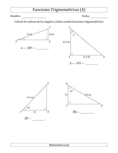 La hoja de ejercicios de Calcular Valores de Ángulos y Lados usando Funciones Trigonométricas (A)