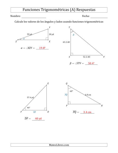 La hoja de ejercicios de Calcular Valores de Ángulos y Lados usando Funciones Trigonométricas (A) Página 2