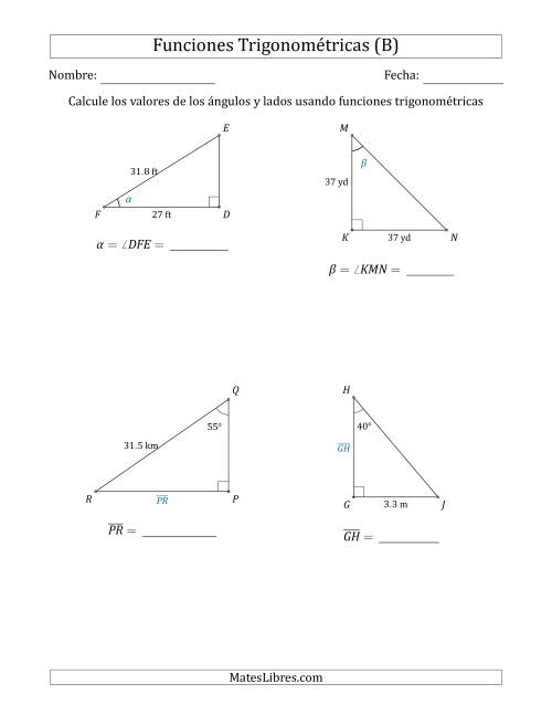 La hoja de ejercicios de Calcular Valores de Ángulos y Lados usando Funciones Trigonométricas (B)