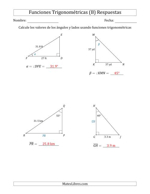 La hoja de ejercicios de Calcular Valores de Ángulos y Lados usando Funciones Trigonométricas (B) Página 2