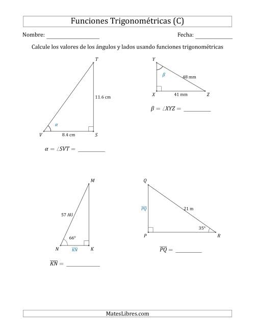 La hoja de ejercicios de Calcular Valores de Ángulos y Lados usando Funciones Trigonométricas (C)
