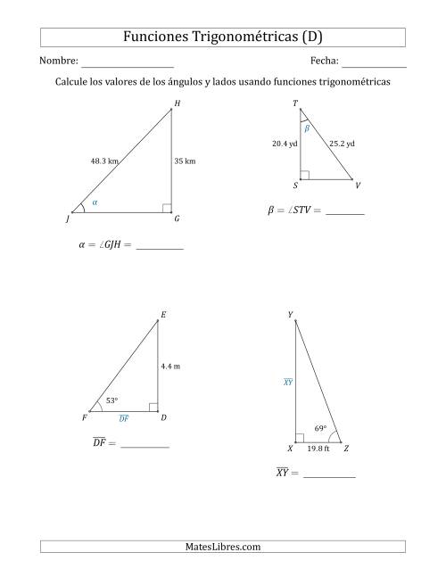 La hoja de ejercicios de Calcular Valores de Ángulos y Lados usando Funciones Trigonométricas (D)