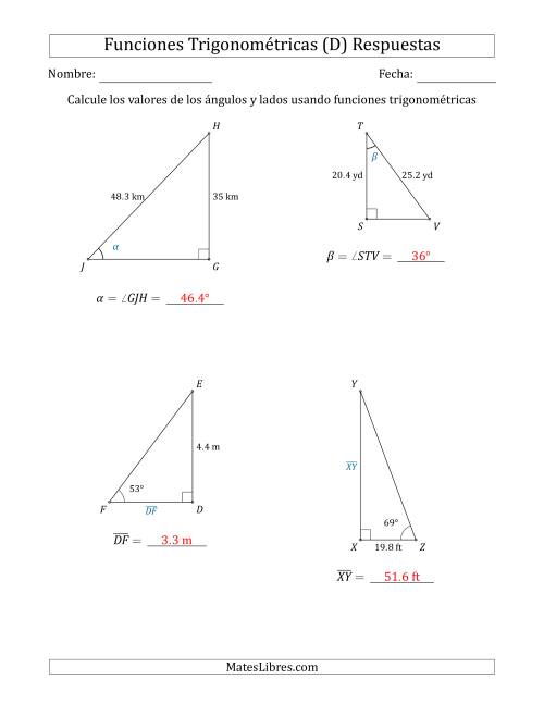 La hoja de ejercicios de Calcular Valores de Ángulos y Lados usando Funciones Trigonométricas (D) Página 2