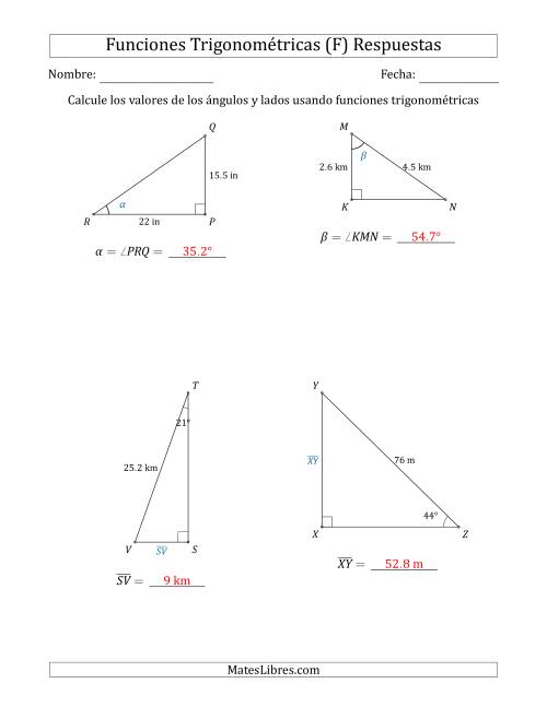 La hoja de ejercicios de Calcular Valores de Ángulos y Lados usando Funciones Trigonométricas (F) Página 2
