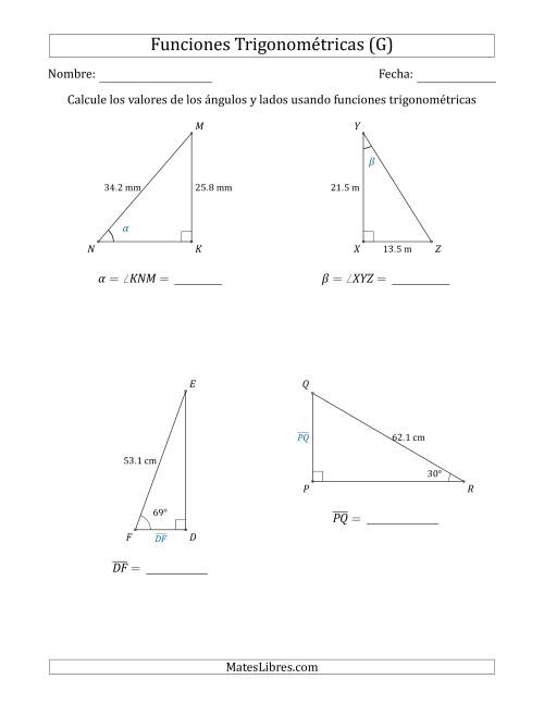 La hoja de ejercicios de Calcular Valores de Ángulos y Lados usando Funciones Trigonométricas (G)