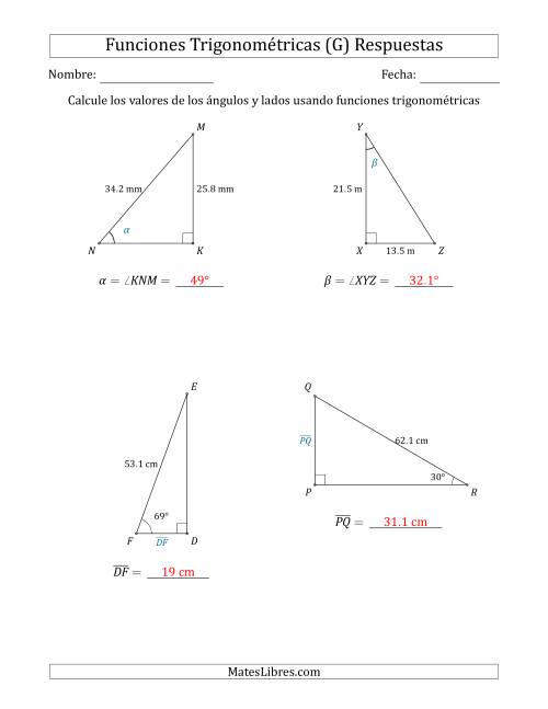 La hoja de ejercicios de Calcular Valores de Ángulos y Lados usando Funciones Trigonométricas (G) Página 2
