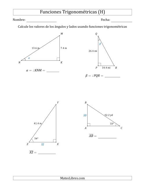 La hoja de ejercicios de Calcular Valores de Ángulos y Lados usando Funciones Trigonométricas (H)