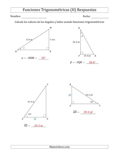 La hoja de ejercicios de Calcular Valores de Ángulos y Lados usando Funciones Trigonométricas (H) Página 2