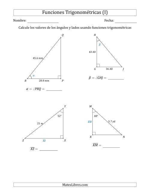 La hoja de ejercicios de Calcular Valores de Ángulos y Lados usando Funciones Trigonométricas (I)