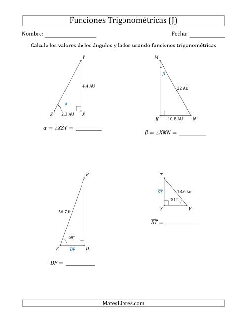 La hoja de ejercicios de Calcular Valores de Ángulos y Lados usando Funciones Trigonométricas (J)