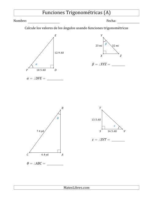 La hoja de ejercicios de Calcular Valores de Ángulos usando Funciones Trigonométricas (A)