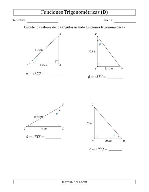 La hoja de ejercicios de Calcular Valores de Ángulos usando Funciones Trigonométricas (D)