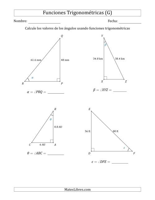La hoja de ejercicios de Calcular Valores de Ángulos usando Funciones Trigonométricas (G)