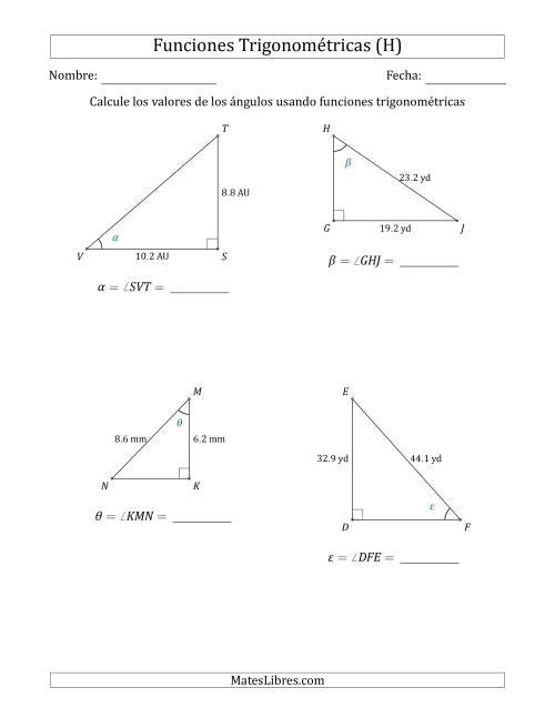 La hoja de ejercicios de Calcular Valores de Ángulos usando Funciones Trigonométricas (H)