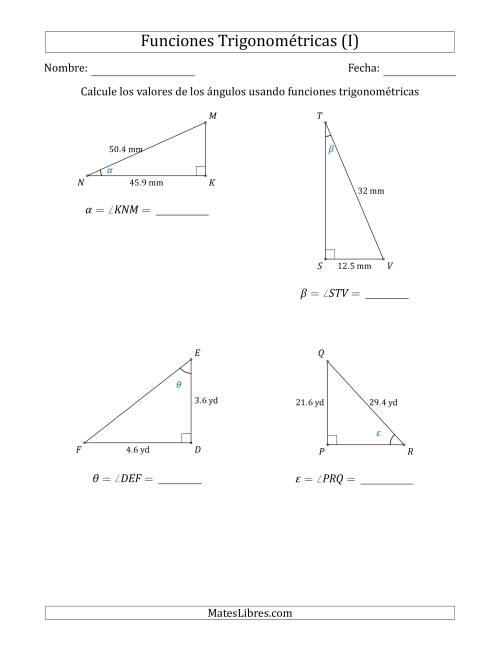La hoja de ejercicios de Calcular Valores de Ángulos usando Funciones Trigonométricas (I)