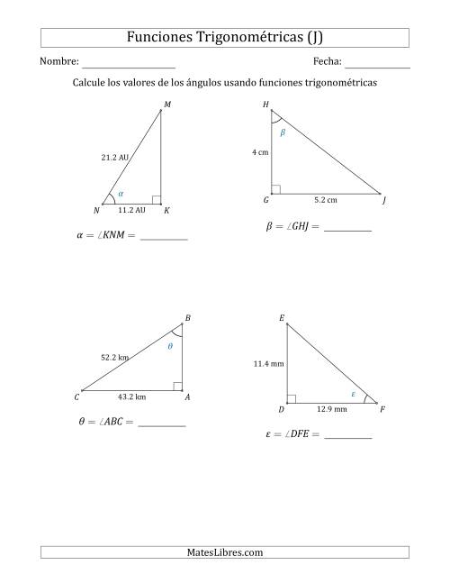 La hoja de ejercicios de Calcular Valores de Ángulos usando Funciones Trigonométricas (J)