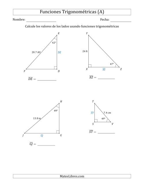La hoja de ejercicios de Calcular Valores de Lados usando Funciones Trigonométricas (A)