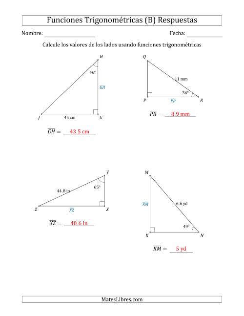 La hoja de ejercicios de Calcular Valores de Lados usando Funciones Trigonométricas (B) Página 2