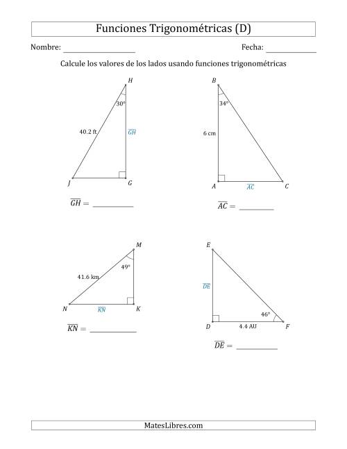 La hoja de ejercicios de Calcular Valores de Lados usando Funciones Trigonométricas (D)