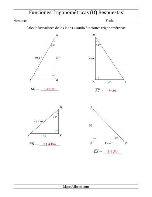 La hoja de ejercicios de Calcular Valores de Lados usando Funciones Trigonométricas (D) Página 2