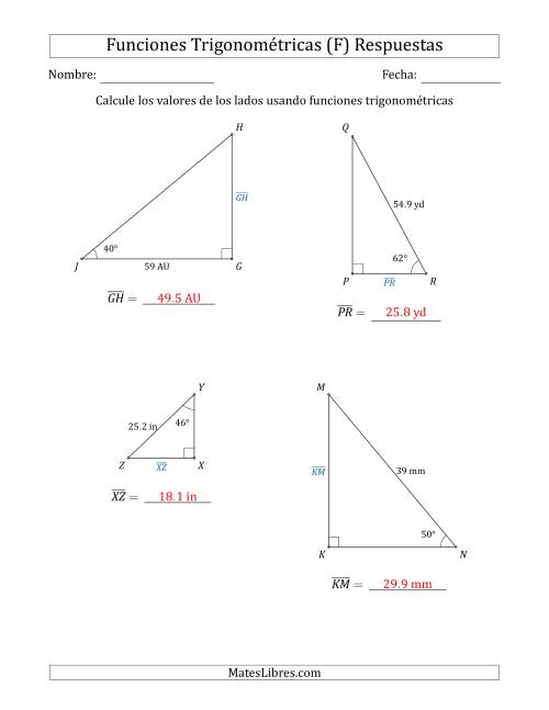 La hoja de ejercicios de Calcular Valores de Lados usando Funciones Trigonométricas (F) Página 2