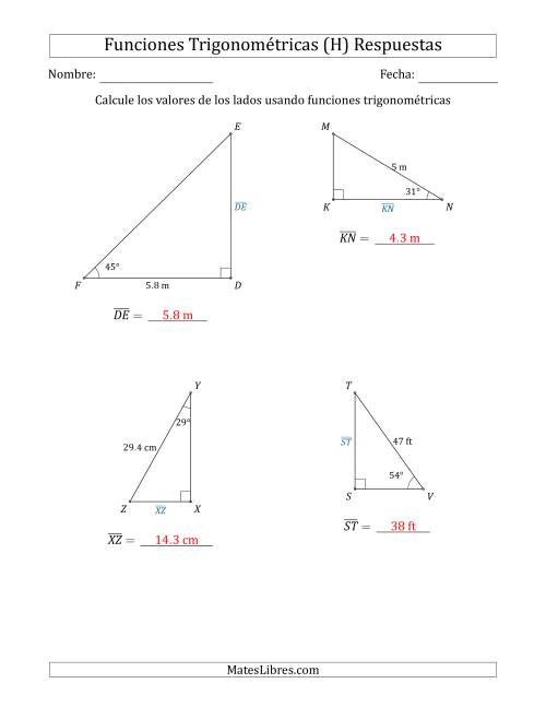 La hoja de ejercicios de Calcular Valores de Lados usando Funciones Trigonométricas (H) Página 2