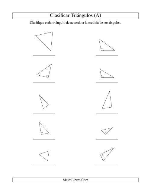 La hoja de ejercicios de Identificar Triángulos de Acuerdo a sus Ángulos (A)