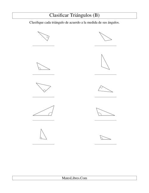 La hoja de ejercicios de Identificar Triángulos de Acuerdo a sus Ángulos (B)