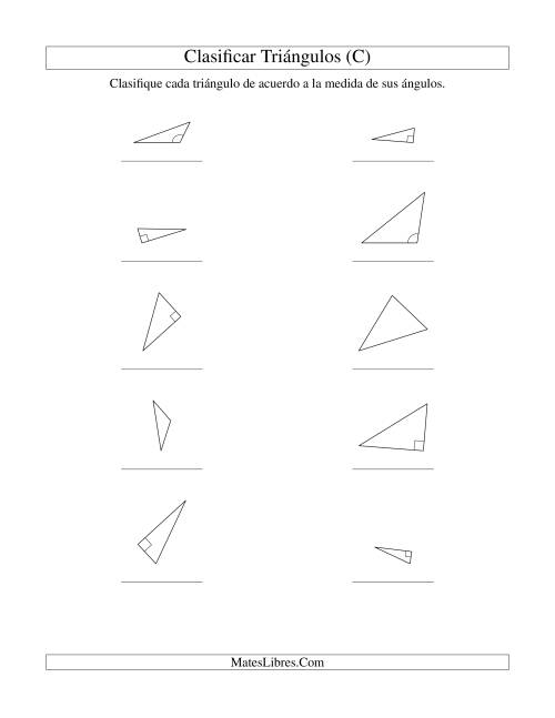 La hoja de ejercicios de Identificar Triángulos de Acuerdo a sus Ángulos (C)