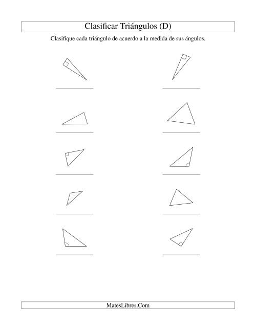 La hoja de ejercicios de Identificar Triángulos de Acuerdo a sus Ángulos (D)