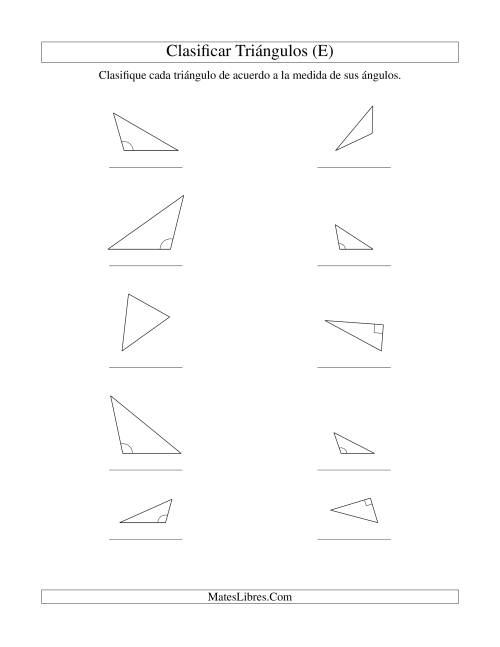 La hoja de ejercicios de Identificar Triángulos de Acuerdo a sus Ángulos (E)