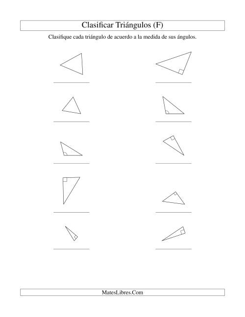 La hoja de ejercicios de Identificar Triángulos de Acuerdo a sus Ángulos (F)