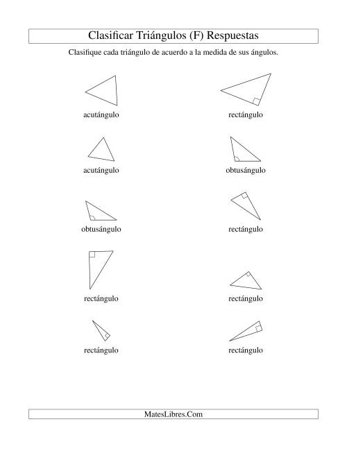 La hoja de ejercicios de Identificar Triángulos de Acuerdo a sus Ángulos (F) Página 2
