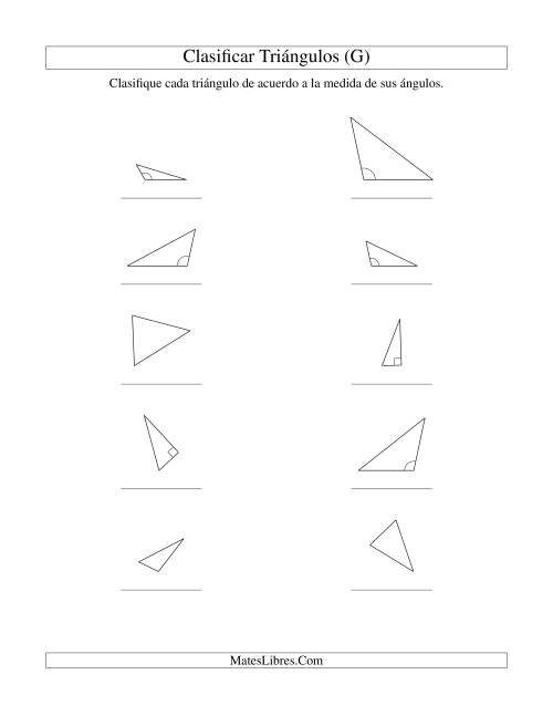 La hoja de ejercicios de Identificar Triángulos de Acuerdo a sus Ángulos (G)