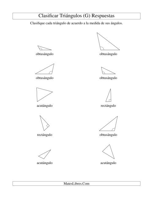 La hoja de ejercicios de Identificar Triángulos de Acuerdo a sus Ángulos (G) Página 2