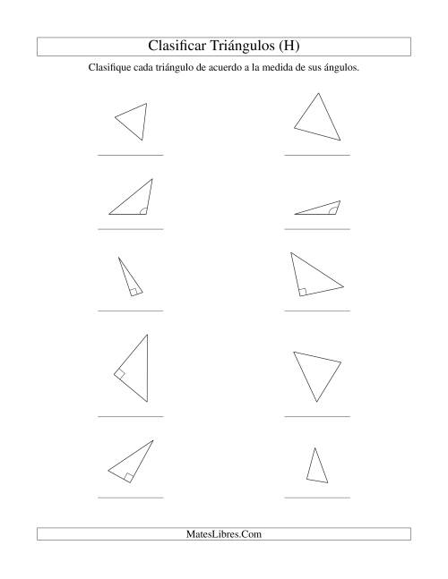 La hoja de ejercicios de Identificar Triángulos de Acuerdo a sus Ángulos (H)
