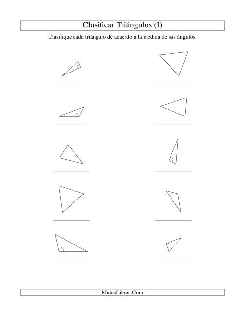 La hoja de ejercicios de Identificar Triángulos de Acuerdo a sus Ángulos (I)
