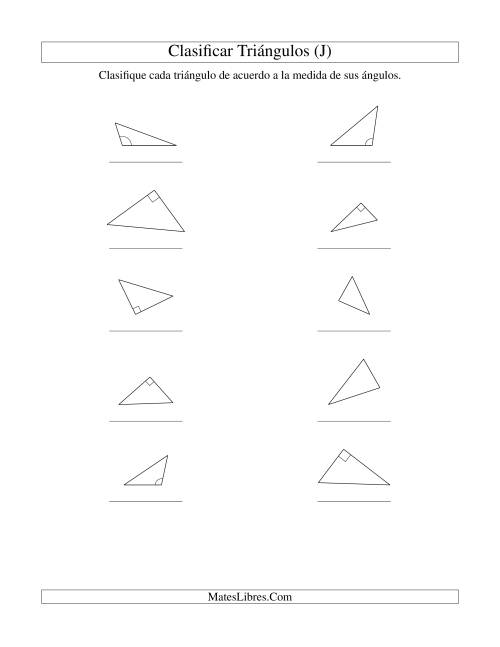 La hoja de ejercicios de Identificar Triángulos de Acuerdo a sus Ángulos (J)