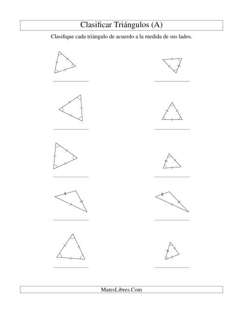 La hoja de ejercicios de Identificar Triángulos de Acuerdo a sus Lados (A)