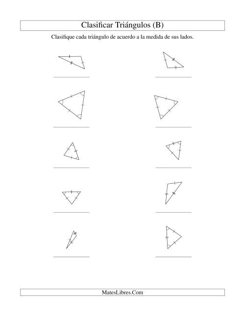 La hoja de ejercicios de Identificar Triángulos de Acuerdo a sus Lados (B)