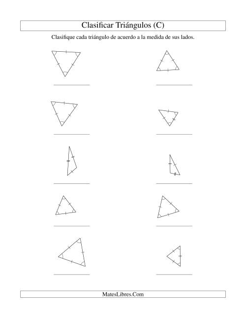 La hoja de ejercicios de Identificar Triángulos de Acuerdo a sus Lados (C)