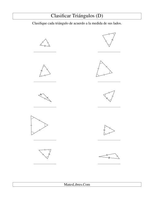 La hoja de ejercicios de Identificar Triángulos de Acuerdo a sus Lados (D)