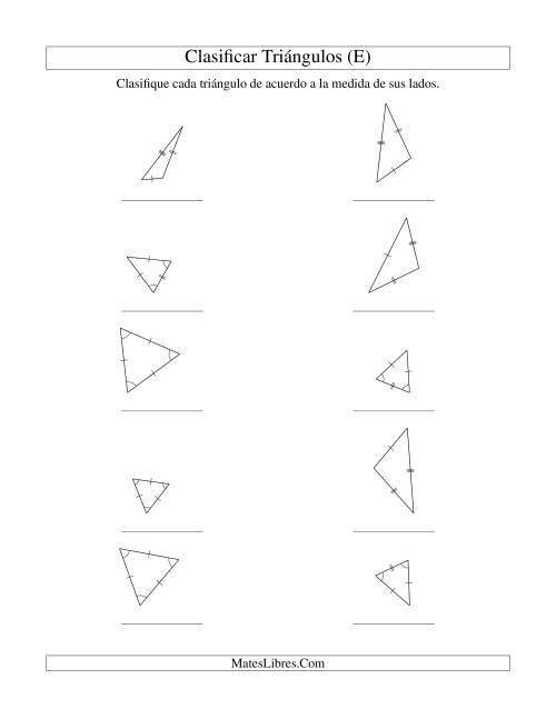 La hoja de ejercicios de Identificar Triángulos de Acuerdo a sus Lados (E)